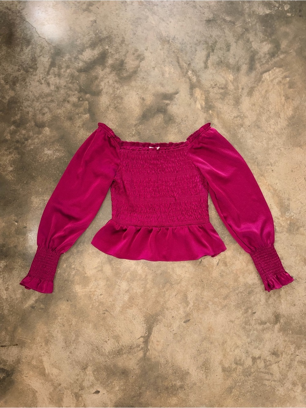 She + Sky Fuchsia Smocked Peplum Blouse Long Sleeve Square Neck Large NWOT